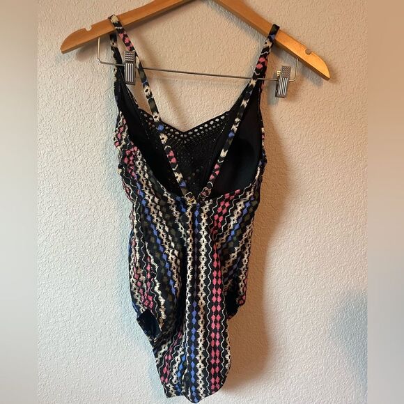 Multicolor crochet deep V Patterned Swimsuit cross back adjustable strap S - Picture 3 of 4